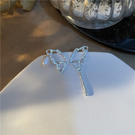Sterling Silver Needle Frosty Style Stud Earrings Asymmetric Butterfly Wings